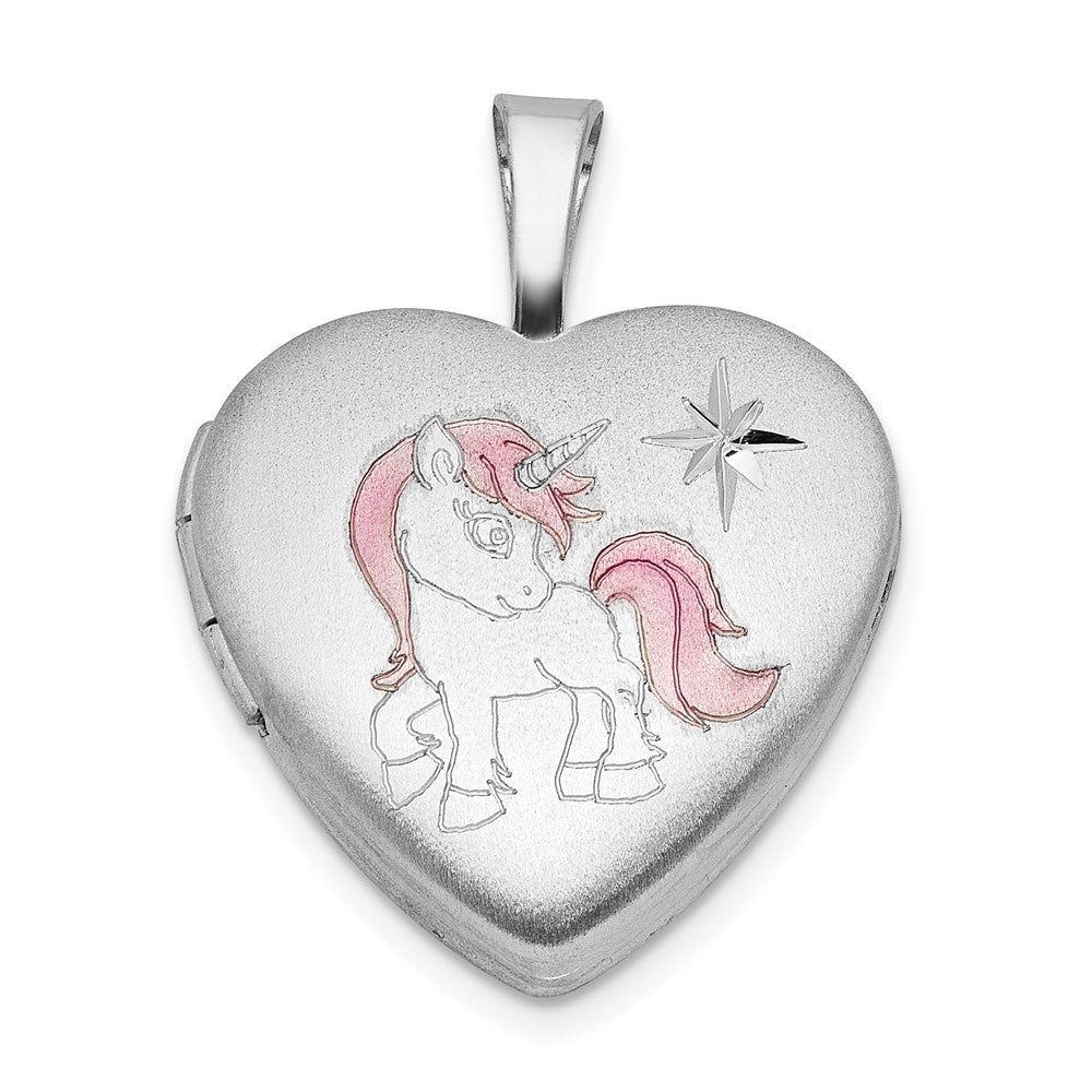 Sterling Silver Rhodium Plated Epoxy Satin Polished Unicorn 16mm Heart Locket