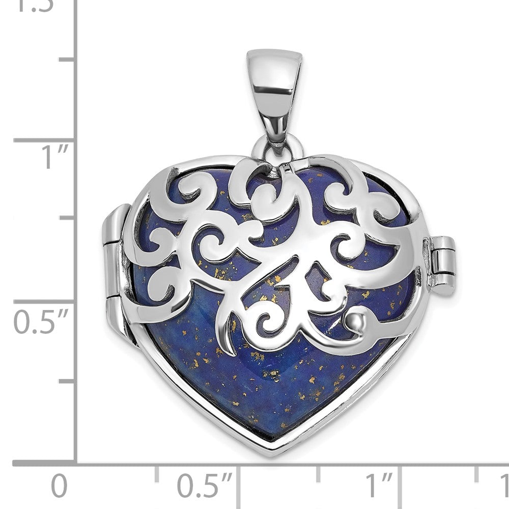Sterling Silver Rhodium-Plated Lapis Lazuli Heart 23mm Locket Pendant