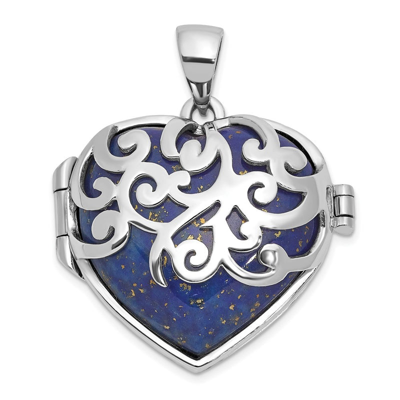 Sterling Silver Rhodium-Plated Lapis Lazuli Heart 23mm Locket Pendant