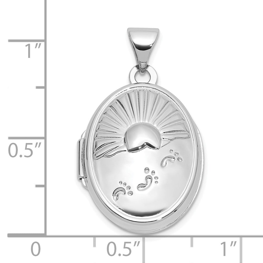 Sterling Silver Rhodium Plated 19x15mm Foot Prints Reversible Oval Locket