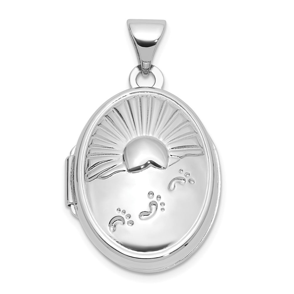 Sterling Silver Rhodium Plated 19x15mm Foot Prints Reversible Oval Locket