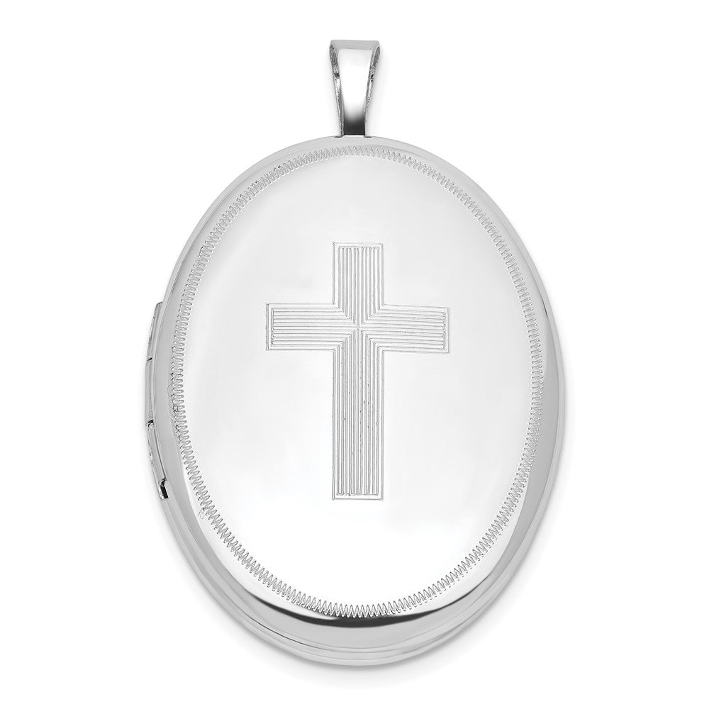 Sterling Silver Rhodium-Plated Cross 26mm Oval Locket