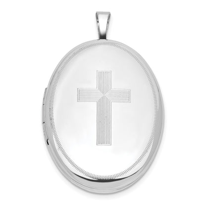 Sterling Silver Rhodium-Plated Cross 26mm Oval Locket