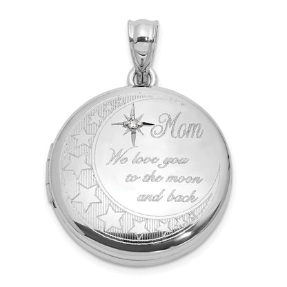 Sterling Silver Rhodium Plated Diamond 20mm Mom Moon/stars Round Locket
