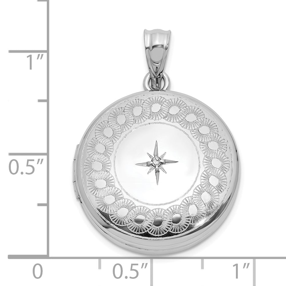 Sterling Silver Rhodium Plated Diamond Star 20mm Circular Border Round Locket
