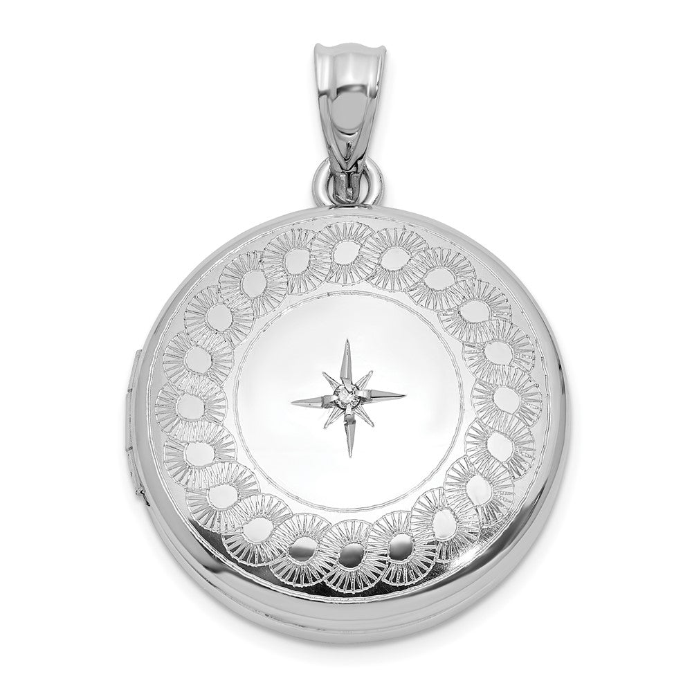 Sterling Silver Rhodium Plated Diamond Star 20mm Circular Border Round Locket