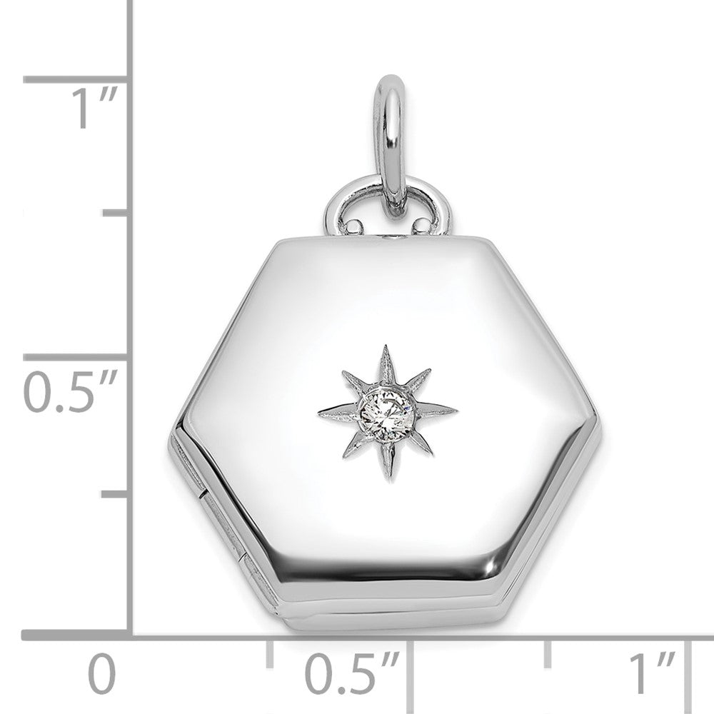 Sterling Silver Rhodium-Plated Polished CZ Star 16mm Hexagon Locket