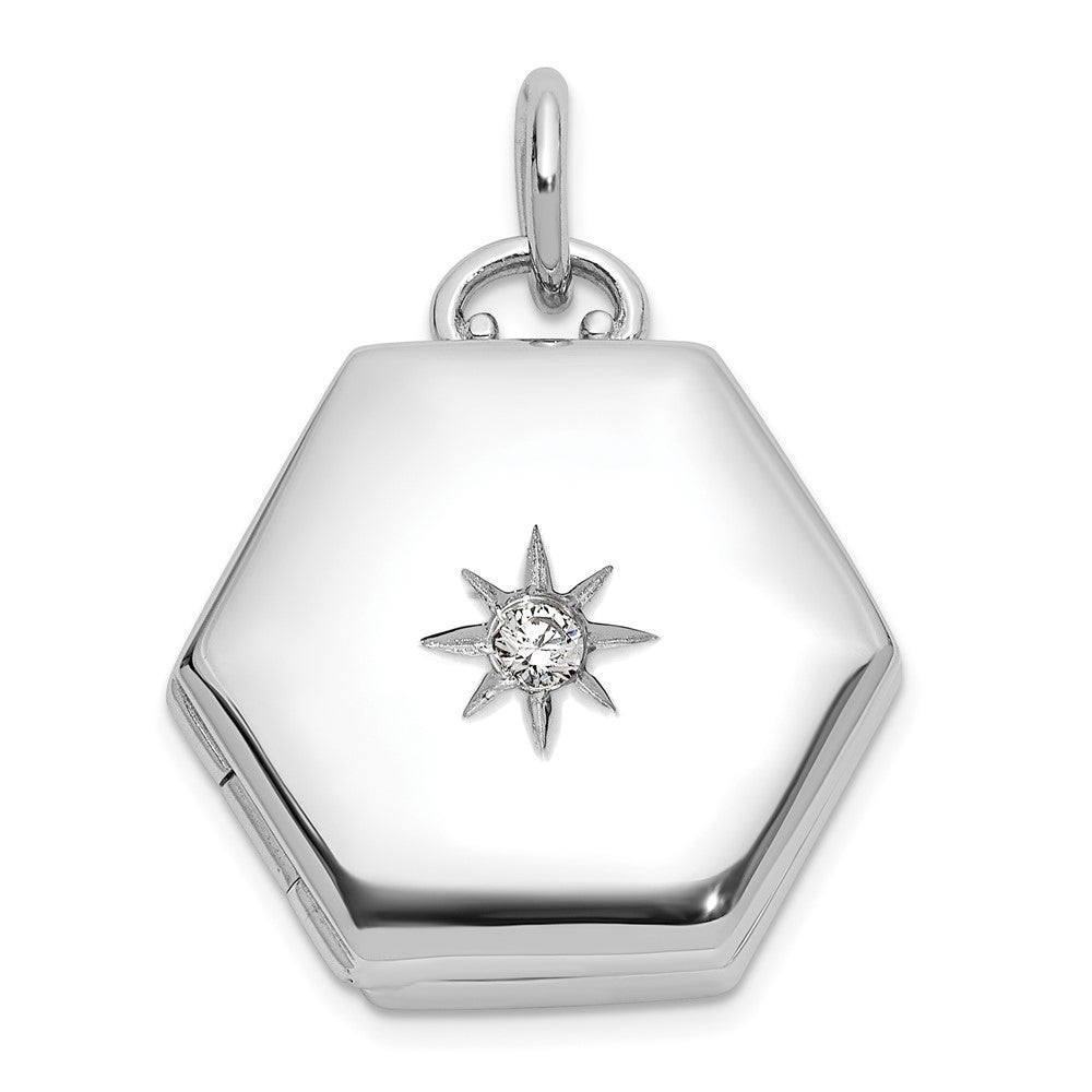 Sterling Silver Rhodium-Plated Polished CZ Star 16mm Hexagon Locket