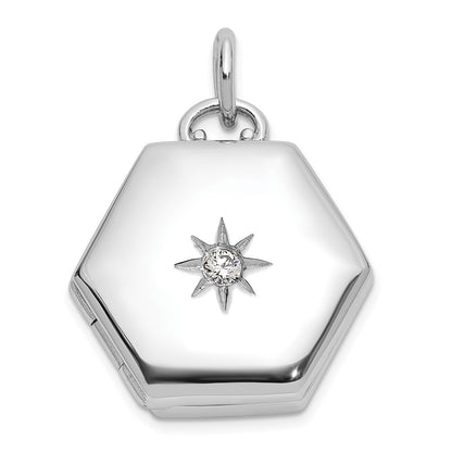 Sterling Silver Rhodium-Plated Polished CZ Star 16mm Hexagon Locket
