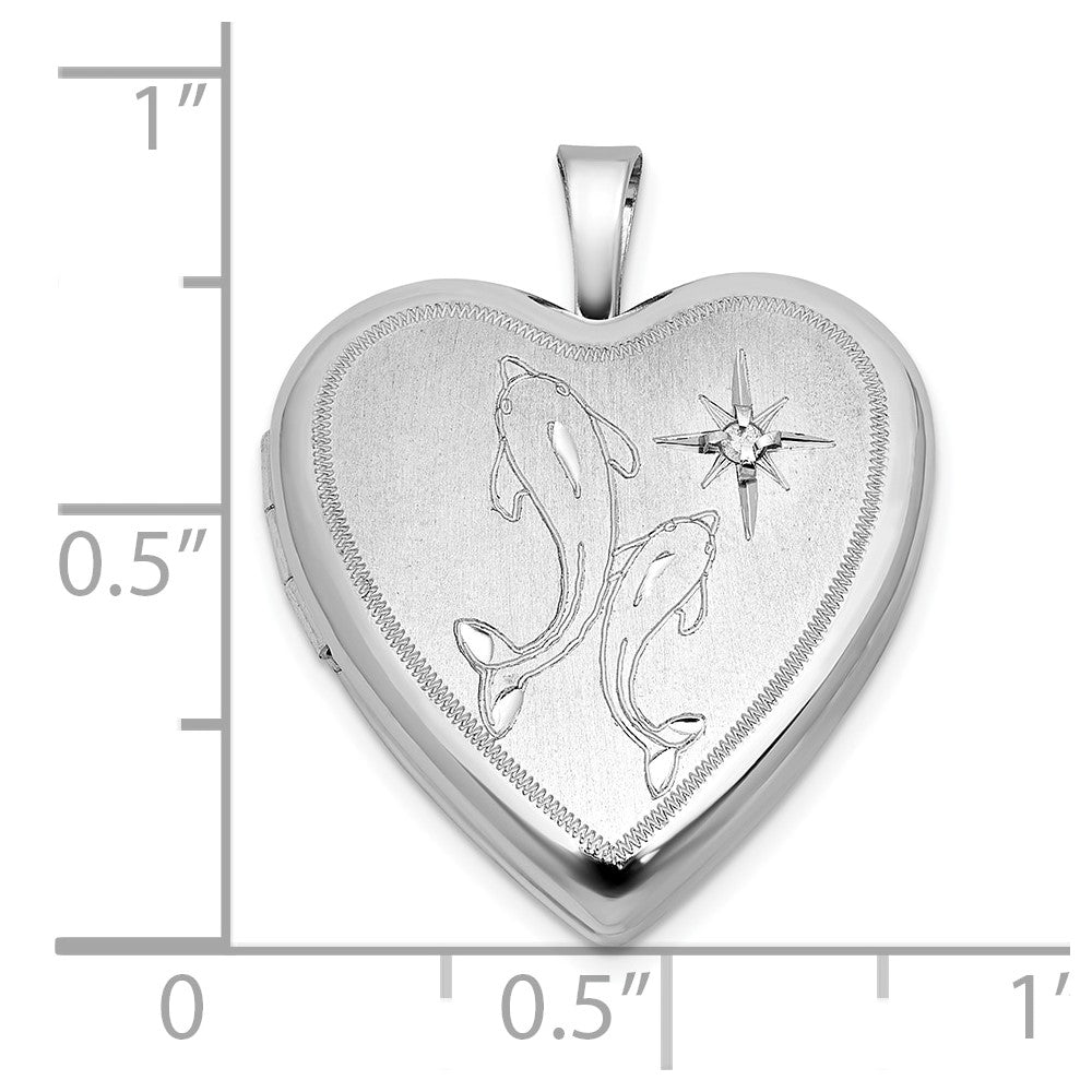 Sterling Silver Rh-Pl Brushed Diamond and Dolphins 20mm Heart Locket