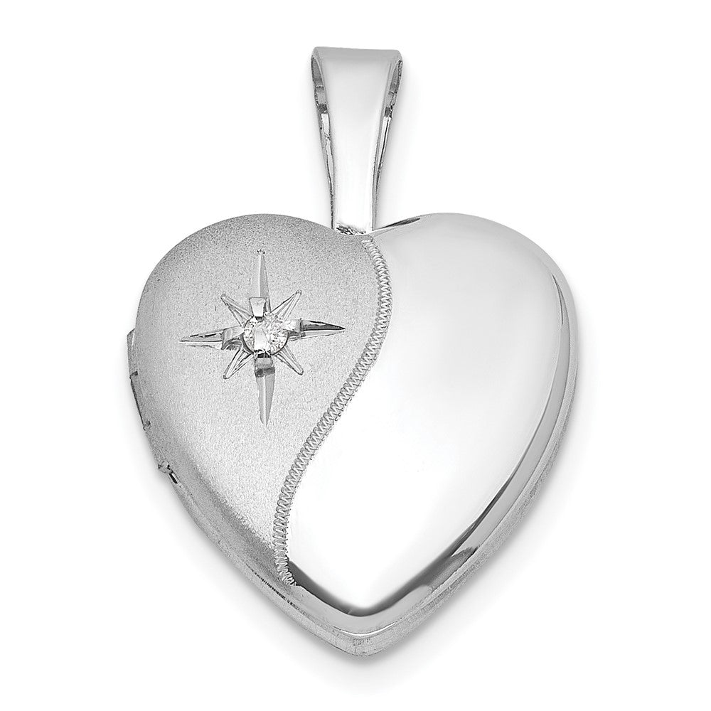 Sterling Silver Rh-Pl Brushed and Polished Diamond 12mm Heart Locket