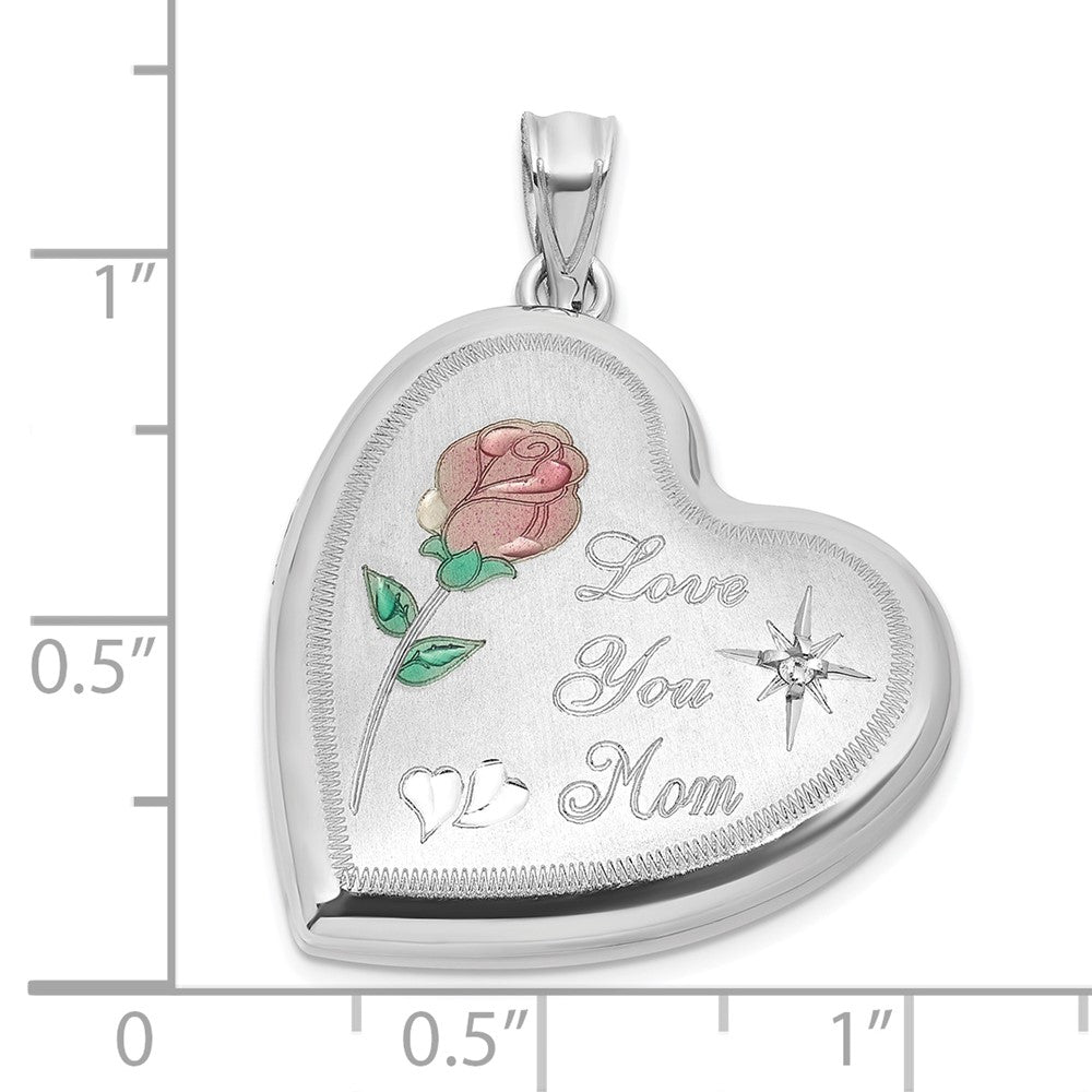 Sterling Silver Rh-Pl Brushed Diamond and Enameled Rose Mom 24mm Heart Locket