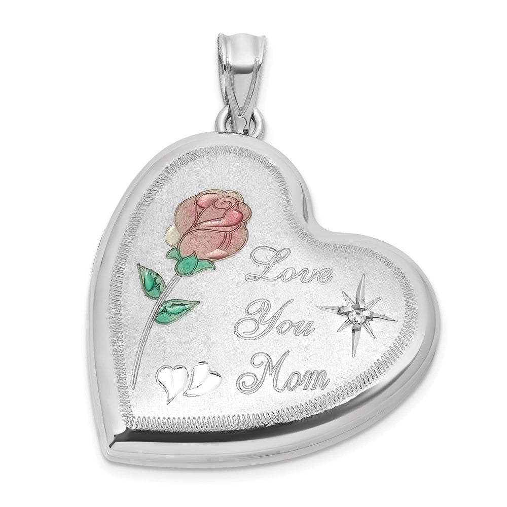 Sterling Silver Rh-Pl Brushed Diamond and Enameled Rose Mom 24mm Heart Locket