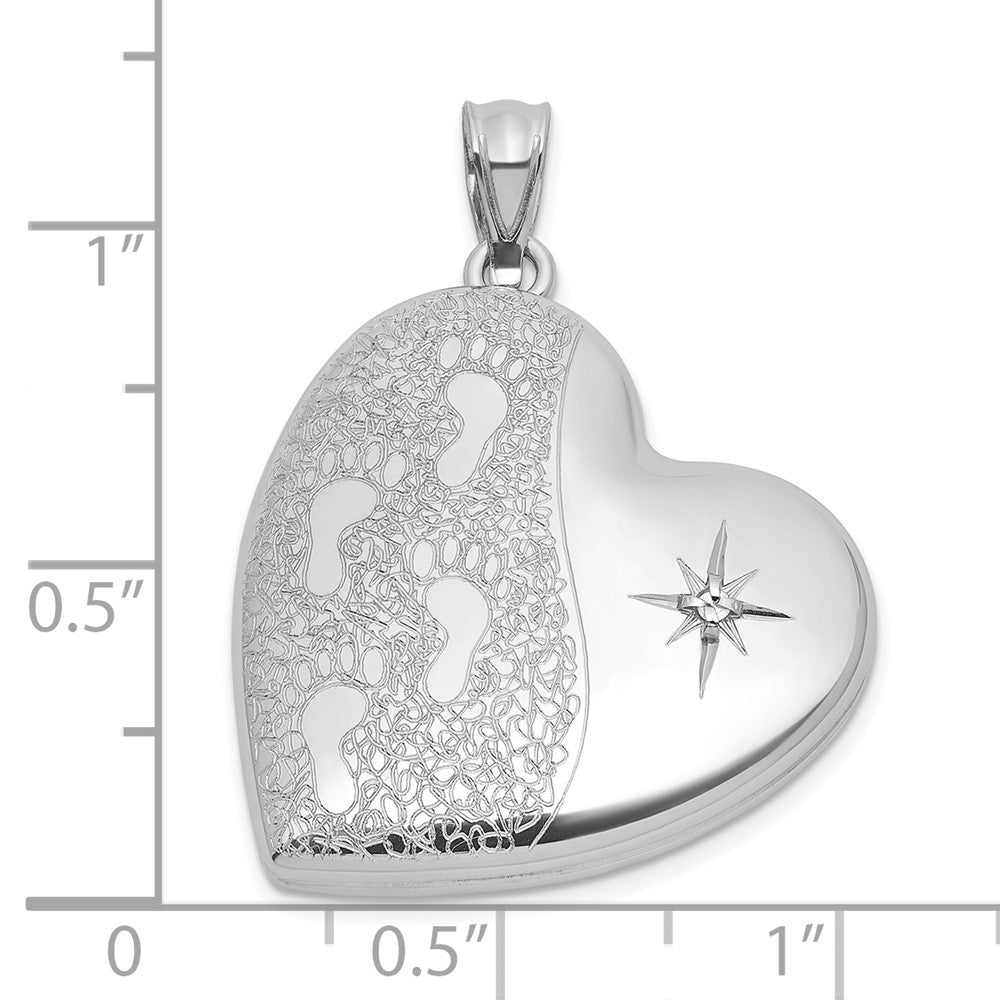 Sterling Silver Rh-Pl Brushed and Polished Diamond Foot Prints 24mm Heart Locket