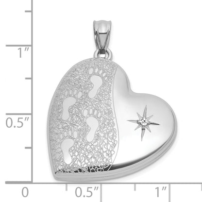 Sterling Silver Rh-Pl Brushed and Polished Diamond Foot Prints 24mm Heart Locket