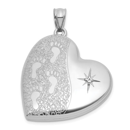 Sterling Silver Rh-Pl Brushed and Polished Diamond Foot Prints 24mm Heart Locket