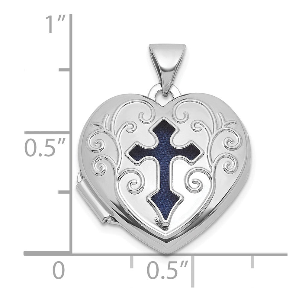 Sterling Silver Rhodium-Plated Blue Fabric Open Cross 18mm Heart Locket