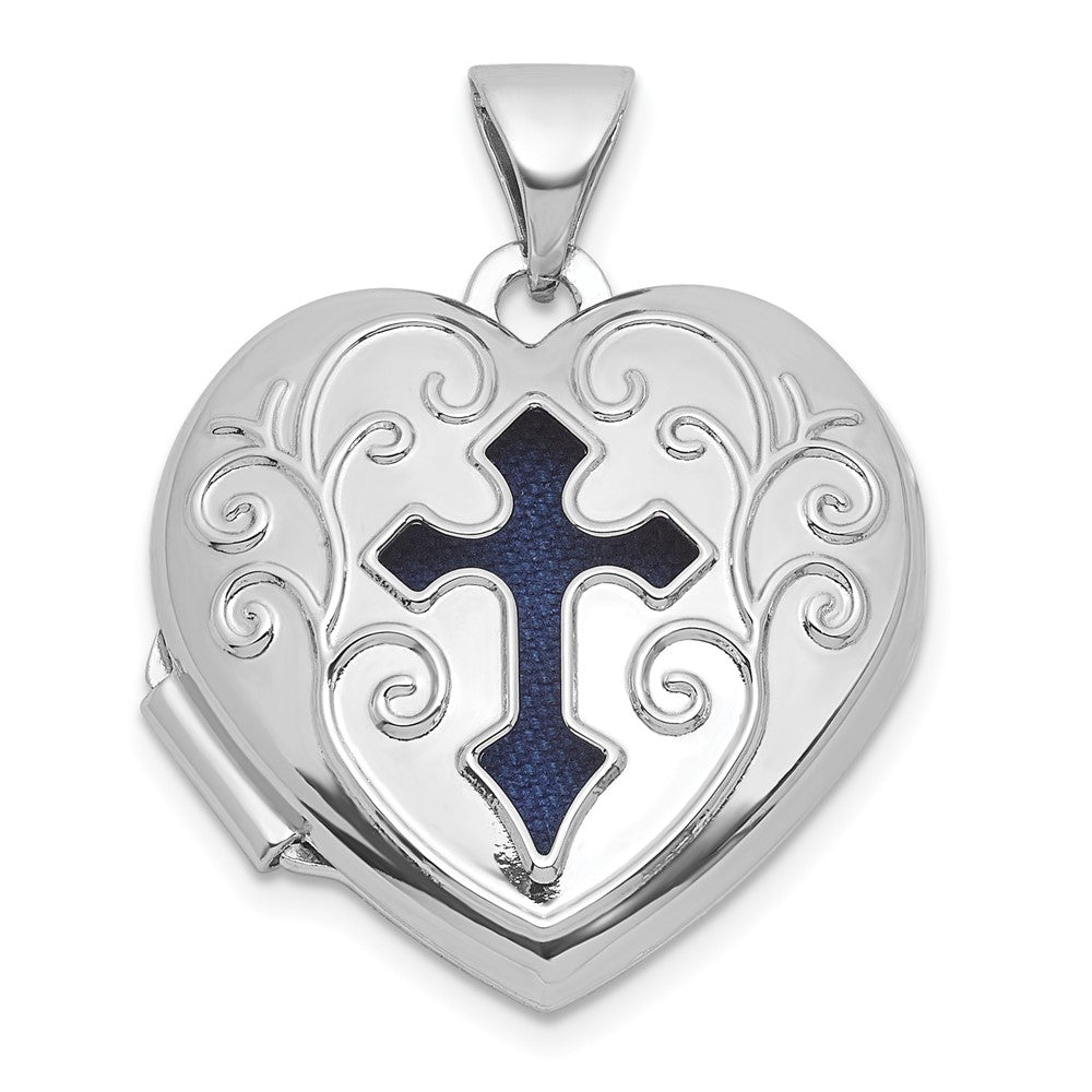 Sterling Silver Rhodium-Plated Blue Fabric Open Cross 18mm Heart Locket