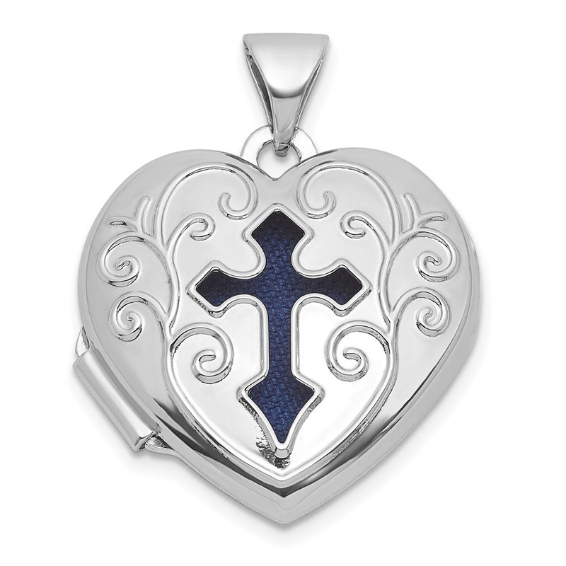 Sterling Silver Rhodium-Plated Blue Fabric Open Cross 18mm Heart Locket