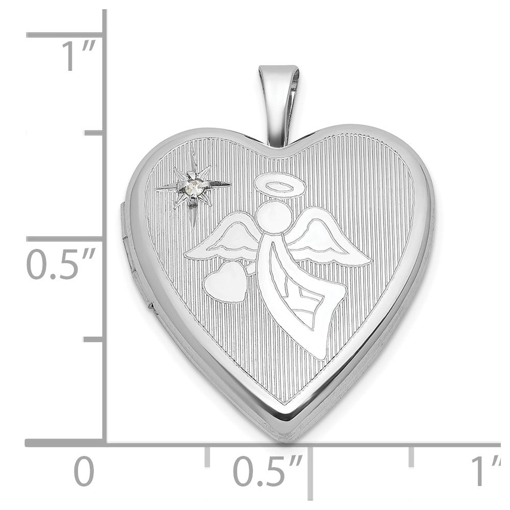 Sterling Silver Rh-Pl Brushed and Polished Diamond and Angel 20mm Heart Locket