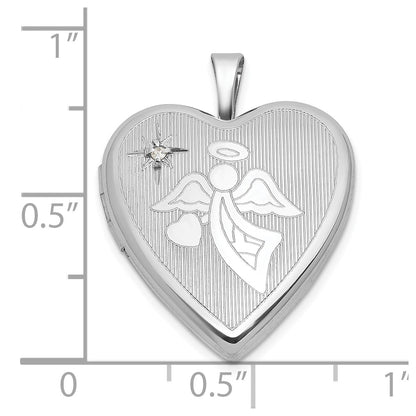 Sterling Silver Rh-Pl Brushed and Polished Diamond and Angel 20mm Heart Locket