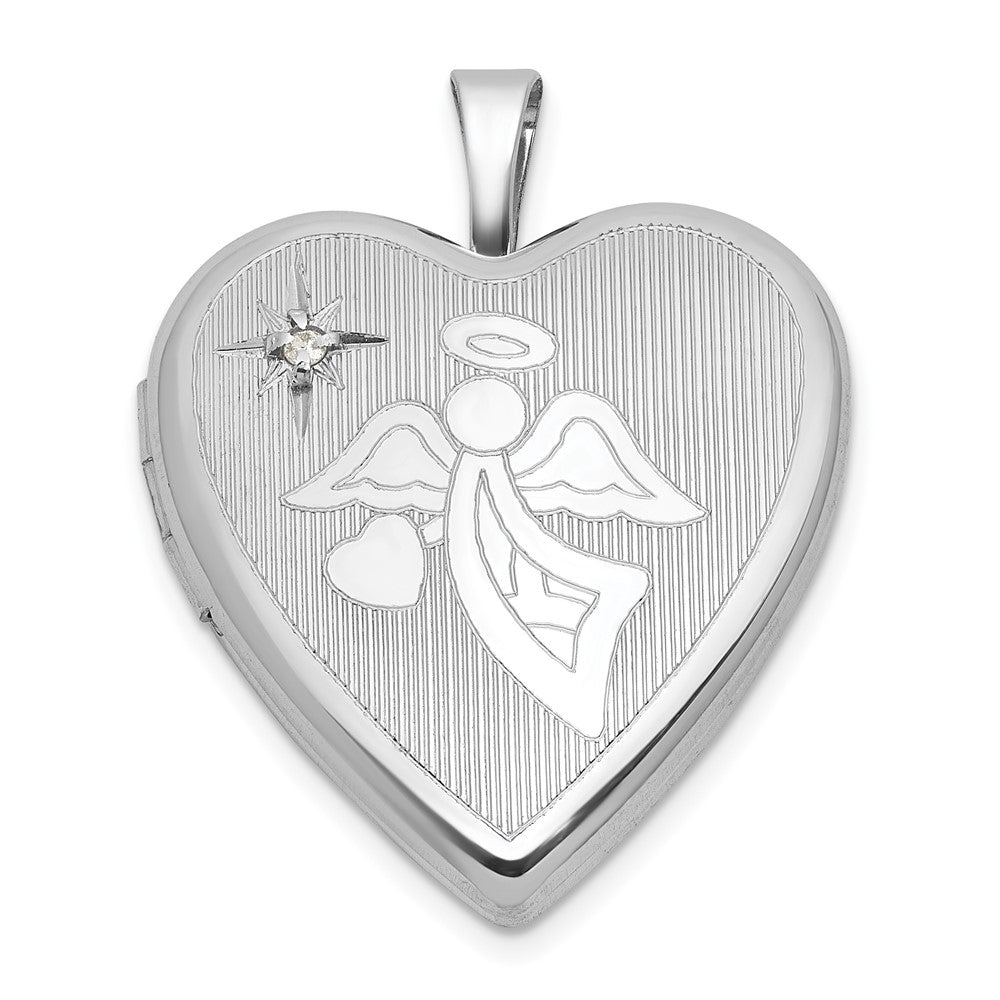 Sterling Silver Rh-Pl Brushed and Polished Diamond and Angel 20mm Heart Locket