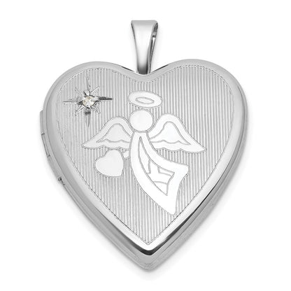 Sterling Silver Rh-Pl Brushed and Polished Diamond and Angel 20mm Heart Locket