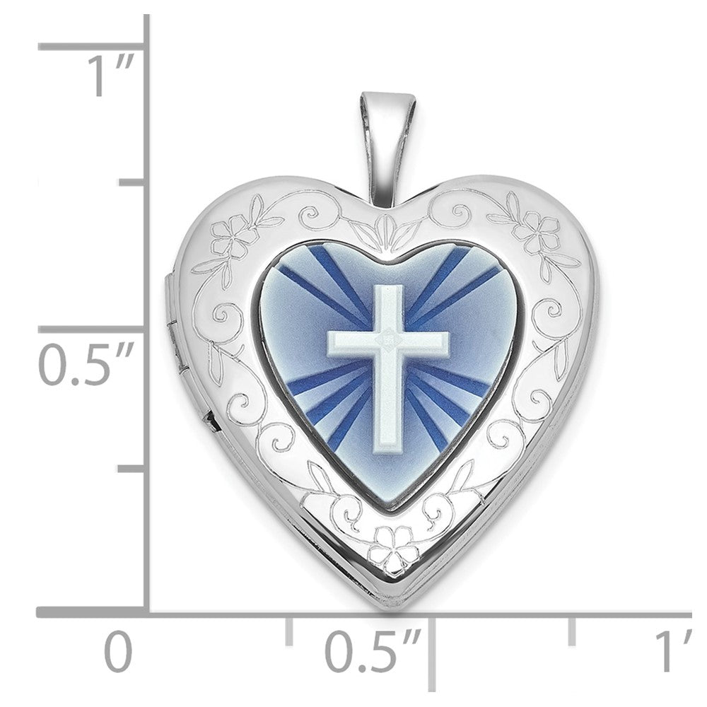 Sterling Silver Rh-Pl Brushed and Polished Blue Cross Resin Cameo 20mm Heart Locket