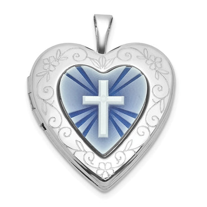 Sterling Silver Rh-Pl Brushed and Polished Blue Cross Resin Cameo 20mm Heart Locket