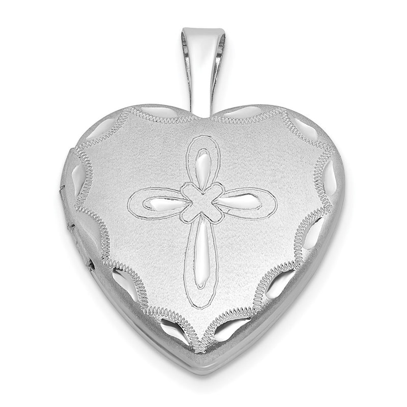 Sterling Silver Rh-Pl Brushed Fancy Cross 16mm Heart Locket