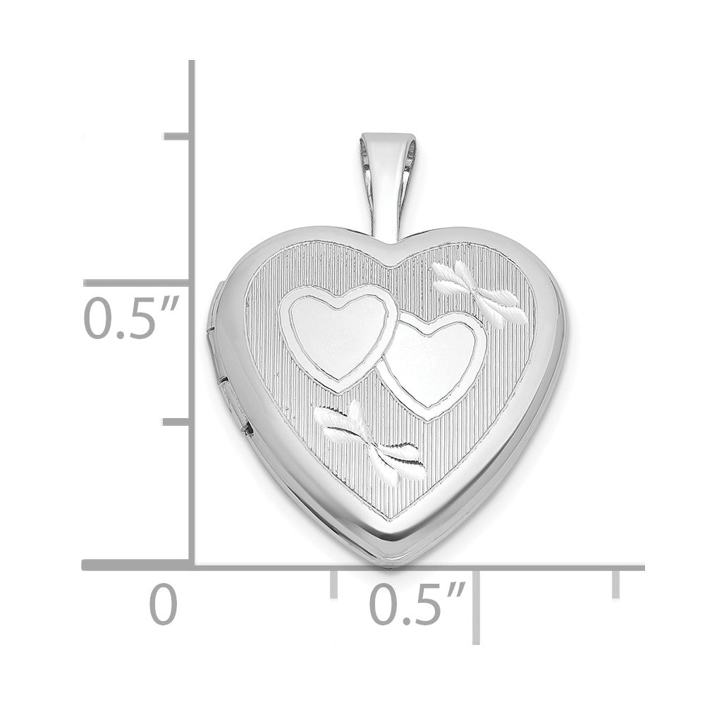 Sterling Silver Rh-Pl Brushed and Polished Hearts 16mm Heart Locket