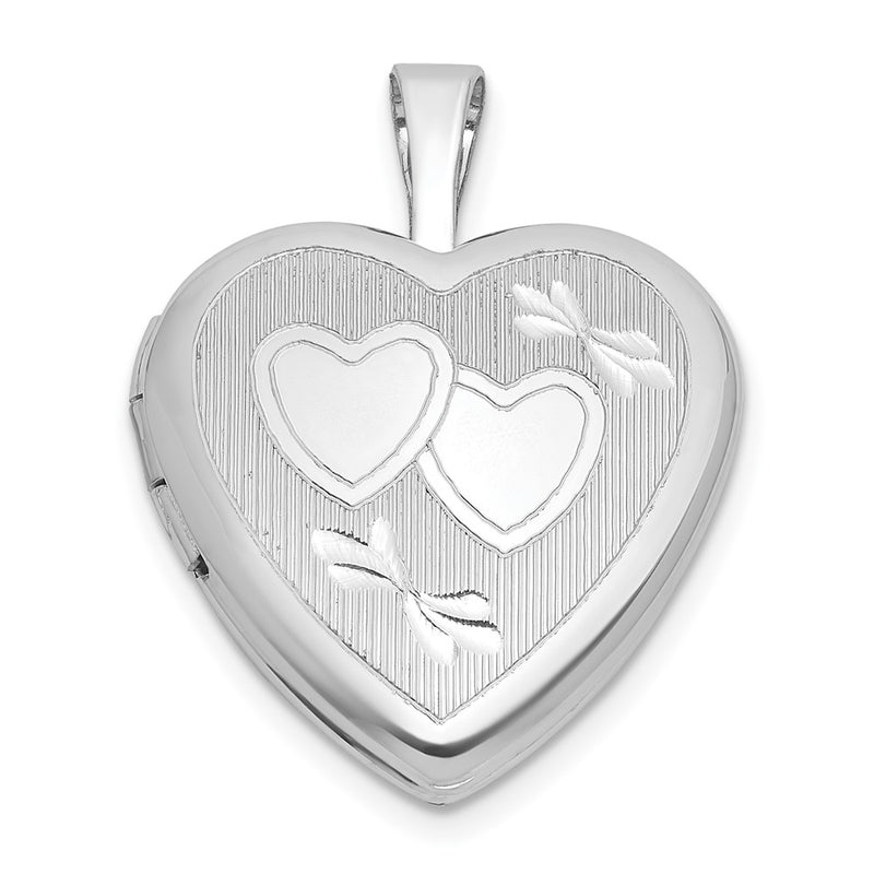 Sterling Silver Rh-Pl Brushed and Polished Hearts 16mm Heart Locket