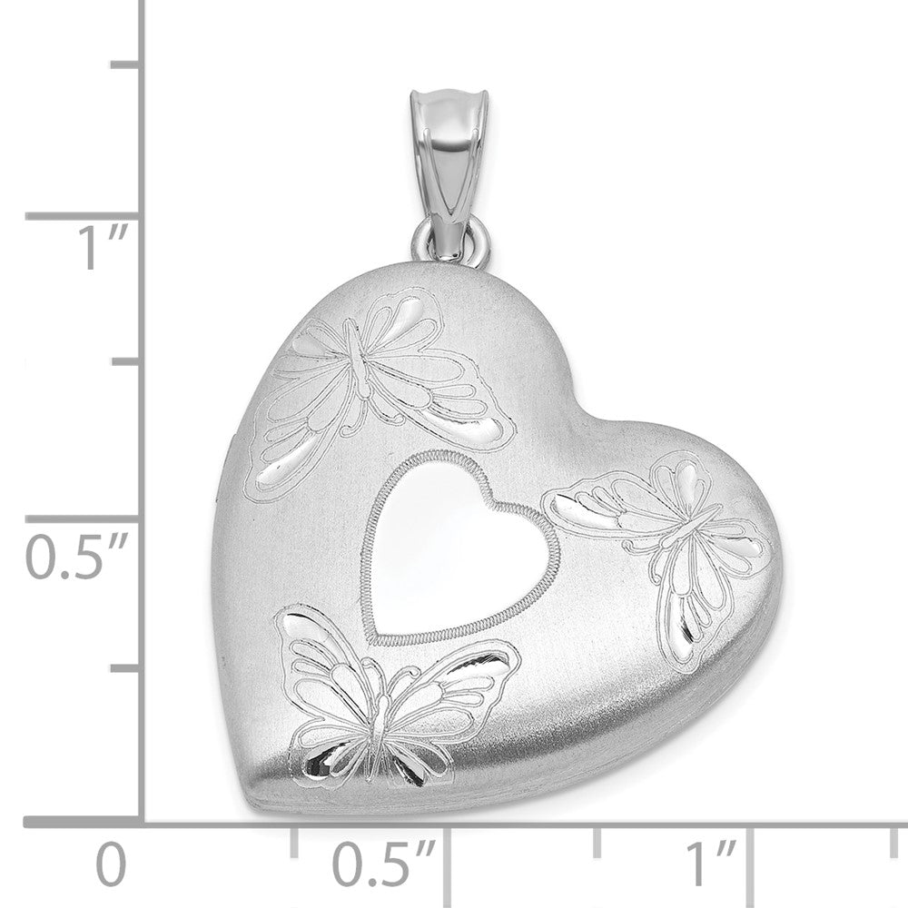 Sterling Silver Rh-Pl Brushed and Polished Butterfly 24mm Heart Locket