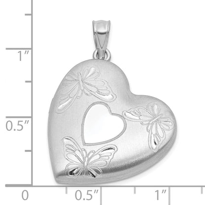 Sterling Silver Rh-Pl Brushed and Polished Butterfly 24mm Heart Locket