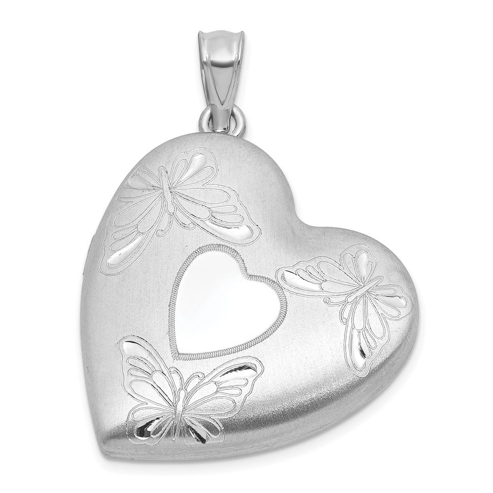 Sterling Silver Rh-Pl Brushed and Polished Butterfly 24mm Heart Locket