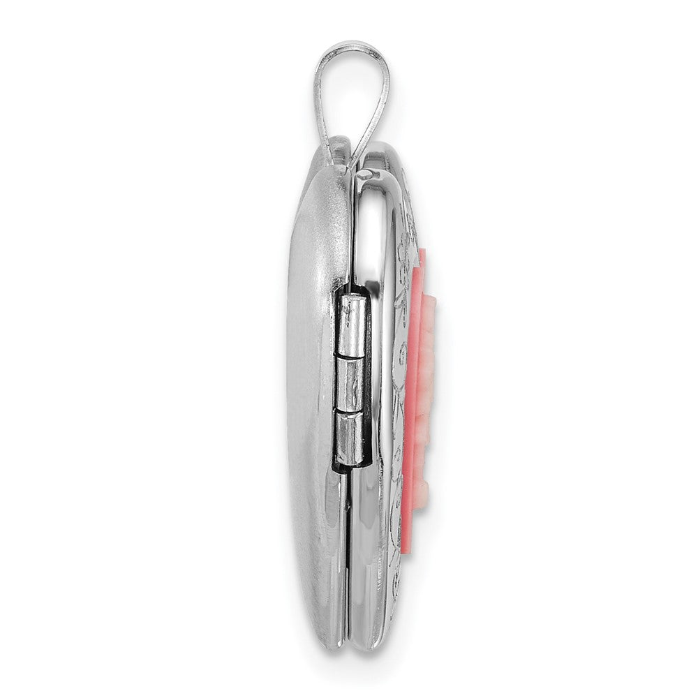 Sterling Silver Rh-Pl Brushed and Polished Pink Flowers Resin Cameo 20mm Heart Locket