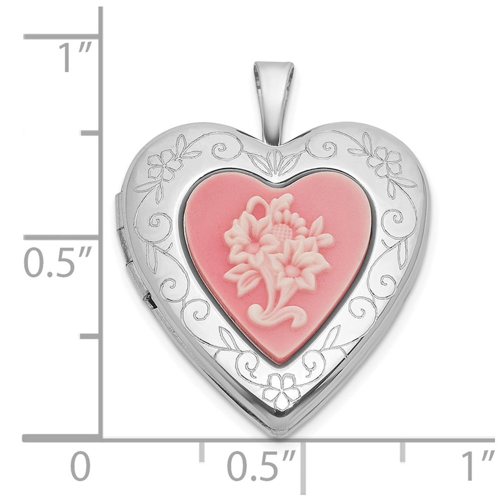 Sterling Silver Rh-Pl Brushed and Polished Pink Flowers Resin Cameo 20mm Heart Locket