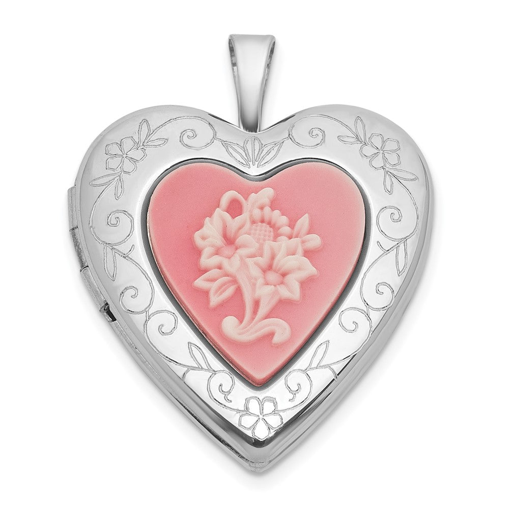 Sterling Silver Rh-Pl Brushed and Polished Pink Flowers Resin Cameo 20mm Heart Locket