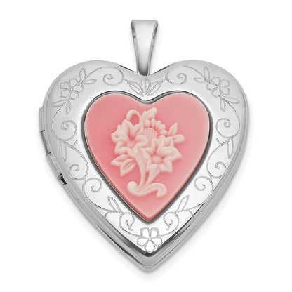 Sterling Silver Rh-Pl Brushed and Polished Pink Flowers Resin Cameo 20mm Heart Locket