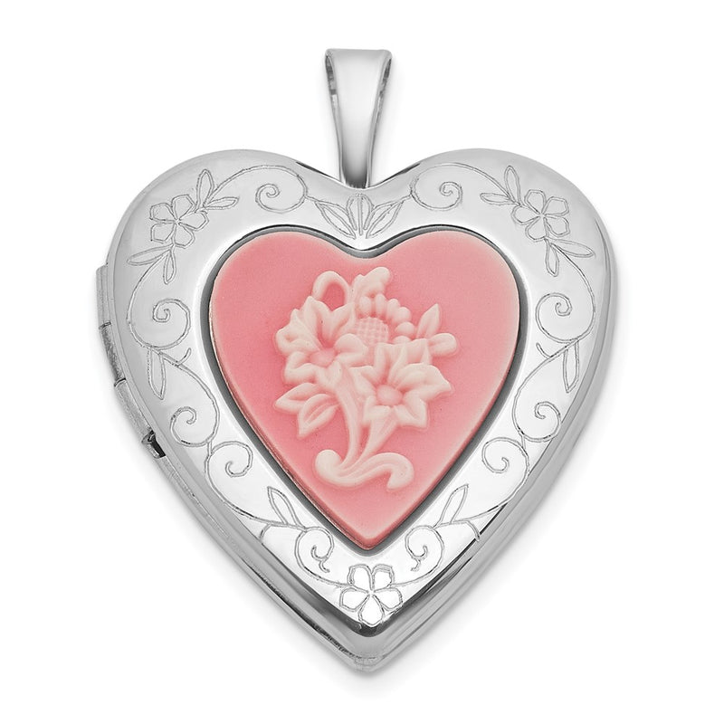 Sterling Silver Rh-Pl Brushed and Polished Pink Flowers Resin Cameo 20mm Heart Locket