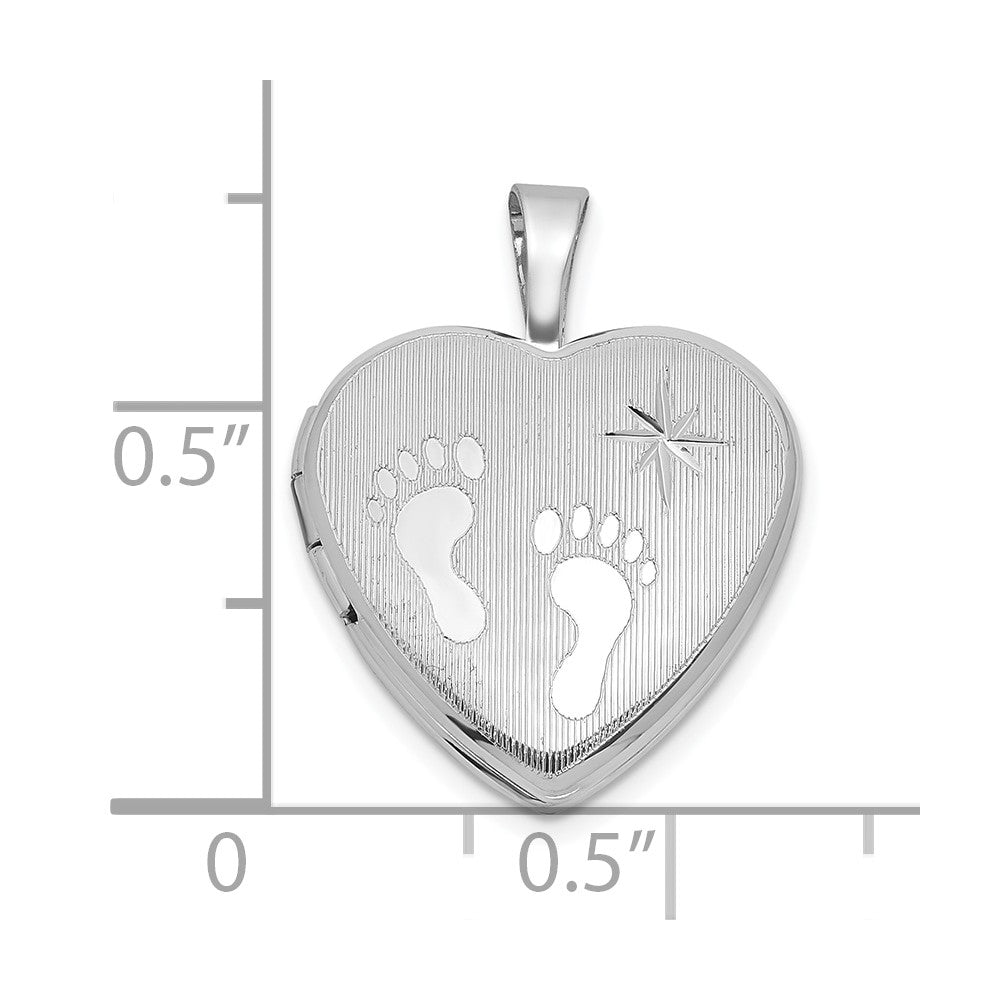 Sterling Silver Rh-Pl Brushed and Polished Footprints and Star 16mm Heart Locket