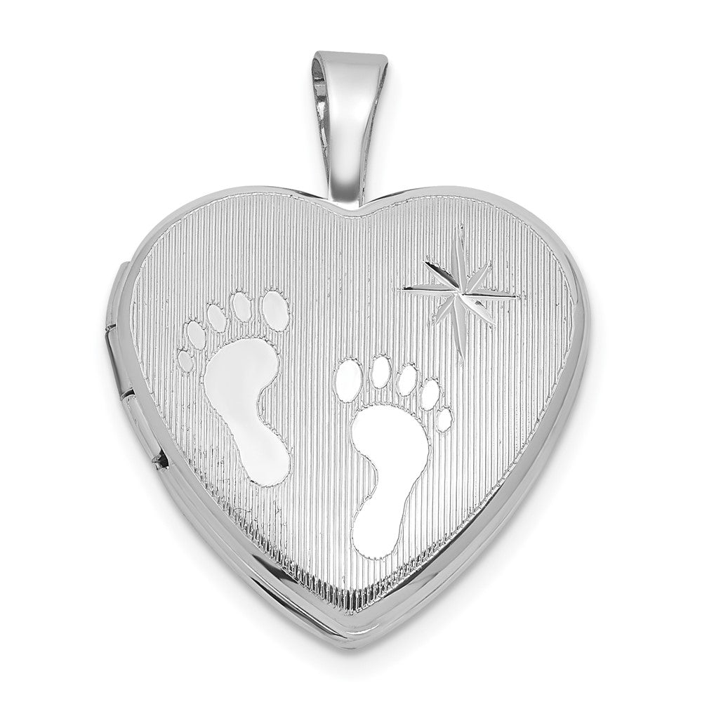 Sterling Silver Rh-Pl Brushed and Polished Footprints and Star 16mm Heart Locket