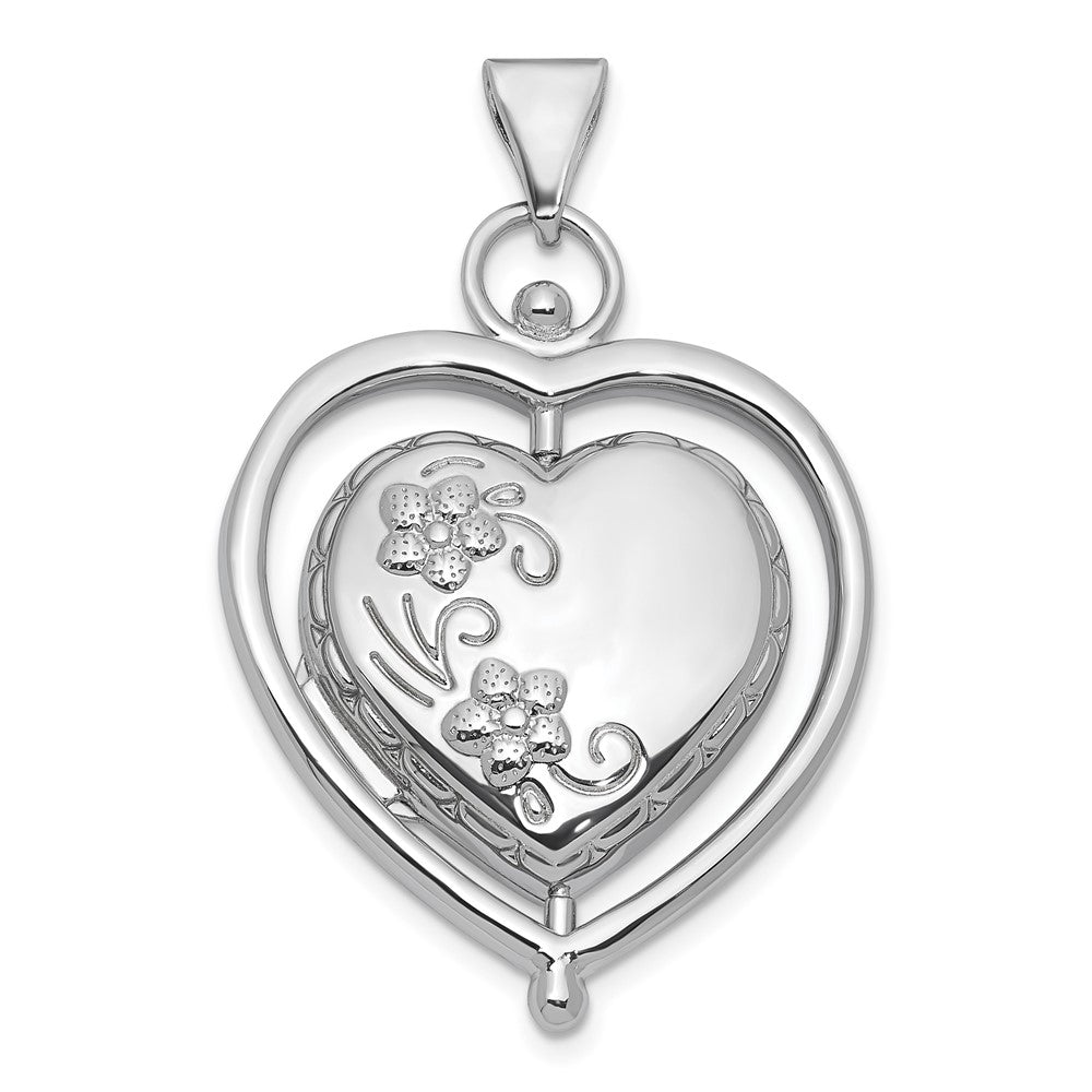 Sterling Silver Rh-Plate Tree of Life Flowers Spinning Reversible 15mm Heart Locket