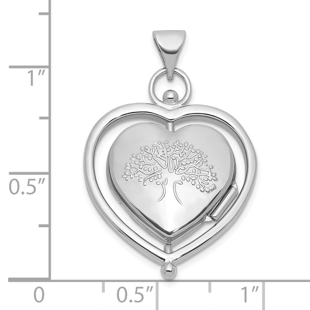 Sterling Silver Rh-Plate Tree of Life Flowers Spinning Reversible 15mm Heart Locket