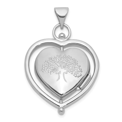 Sterling Silver Rh-Plate Tree of Life Flowers Spinning Reversible 15mm Heart Locket