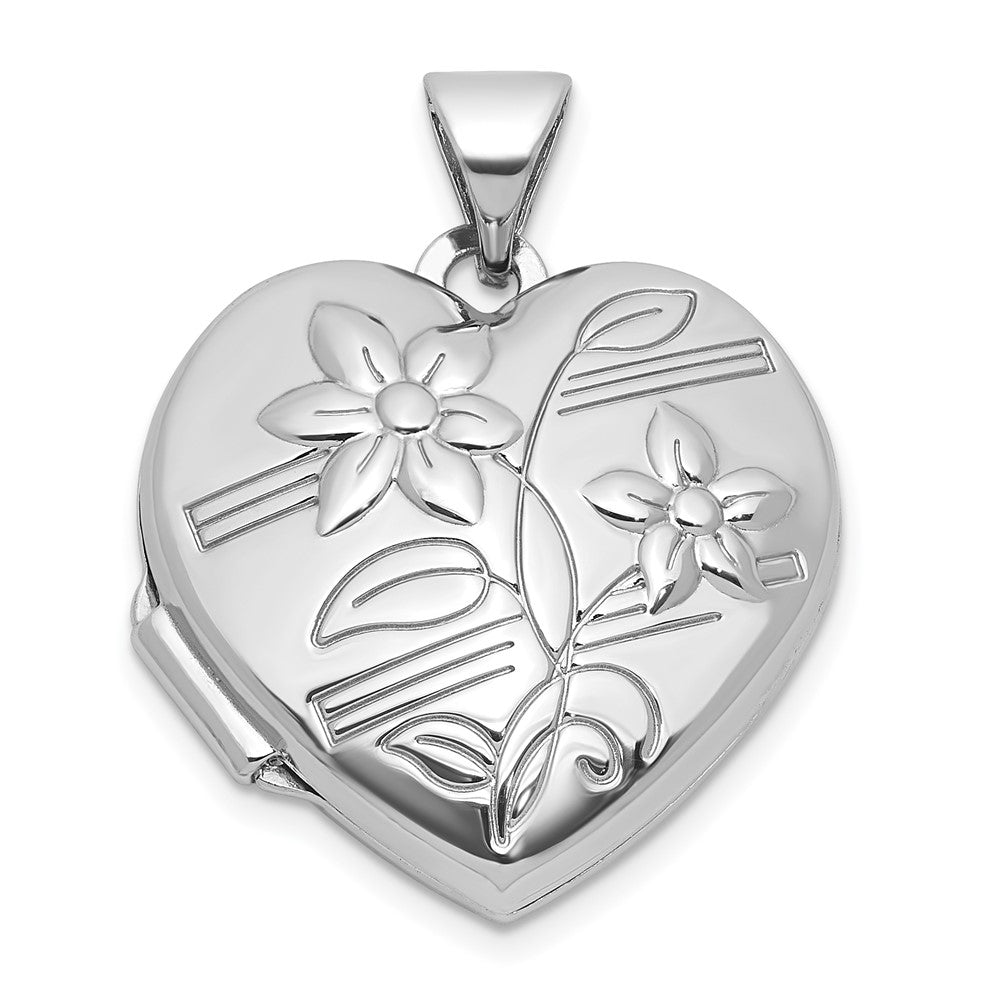 Sterling Silver Rhodium-Plated Polished Flower 18mm Heart Locket