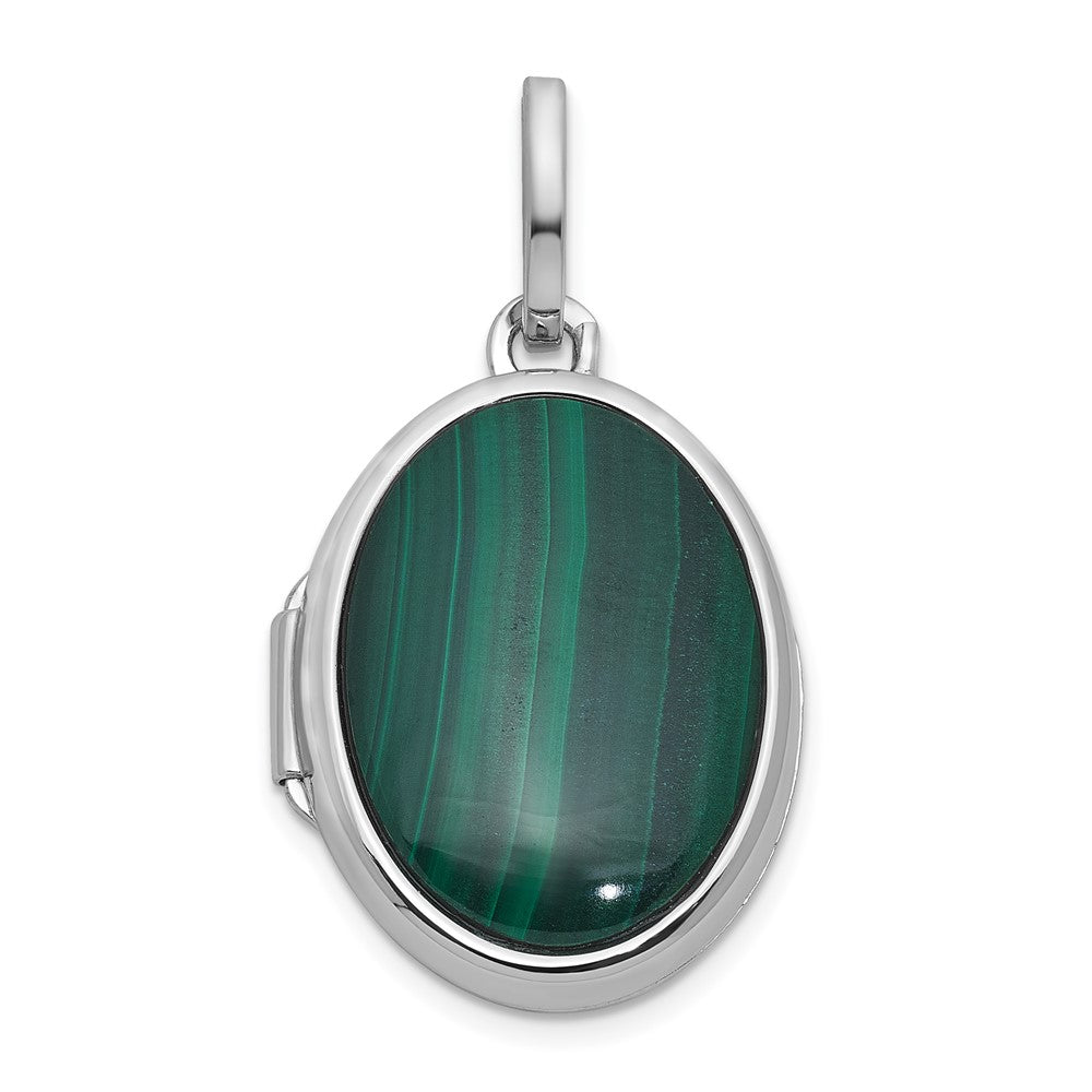 Sterling Silver Rhodium-Plated Malachite Polished 16.5mm Oval Locket