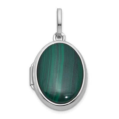 Sterling Silver Rhodium-Plated Malachite Polished 16.5mm Oval Locket