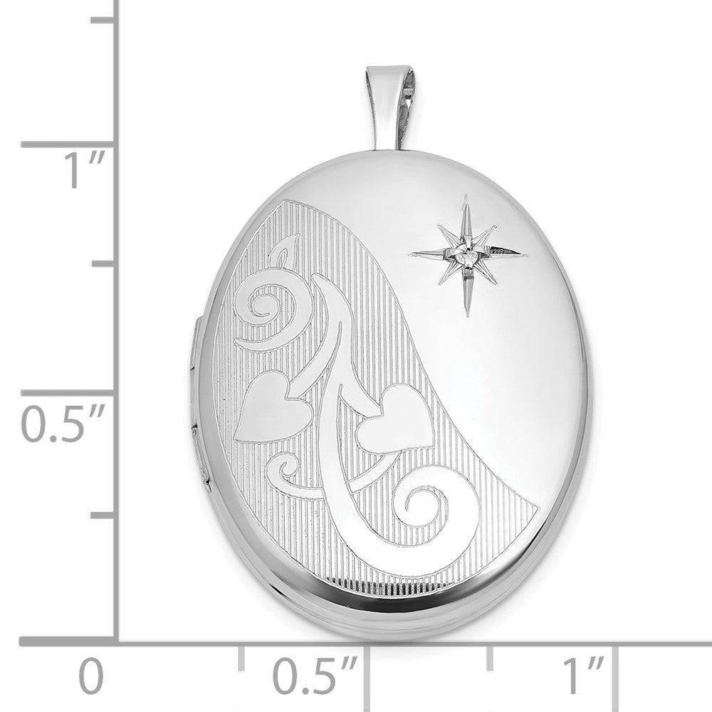 Sterling Silver Rh-Pl Brushed and Polished Diamond Hearts 26mm Oval Locket
