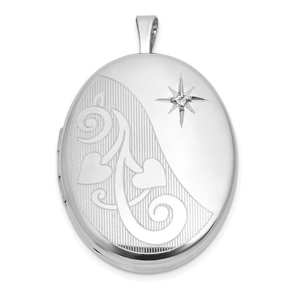 Sterling Silver Rh-Pl Brushed and Polished Diamond Hearts 26mm Oval Locket